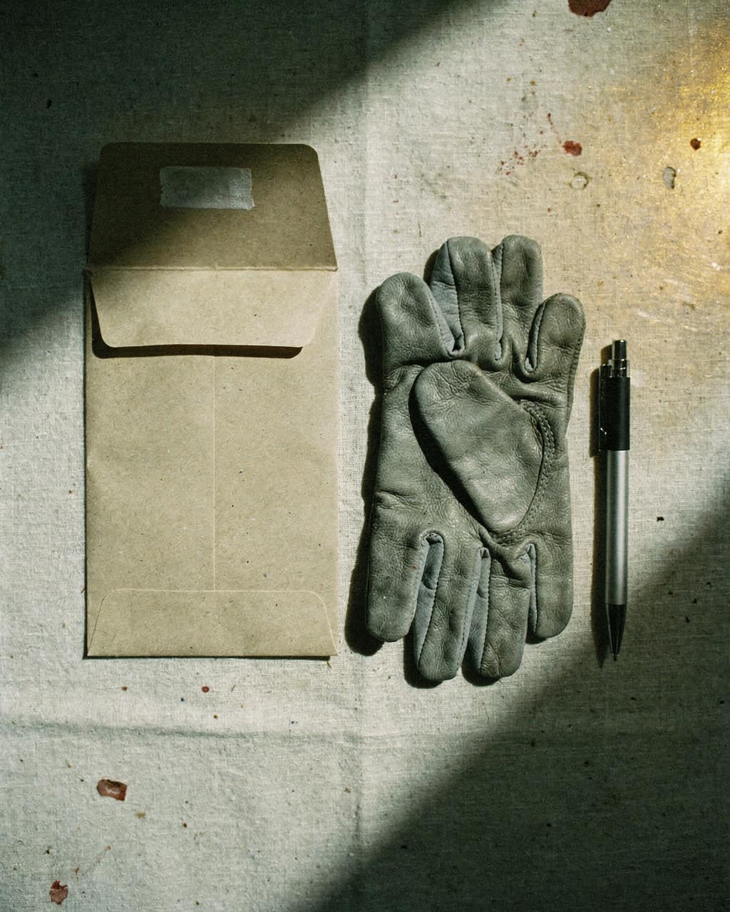 Worn glove, a cheap pen and a plain envelope on cold linen — real pain, no authority.