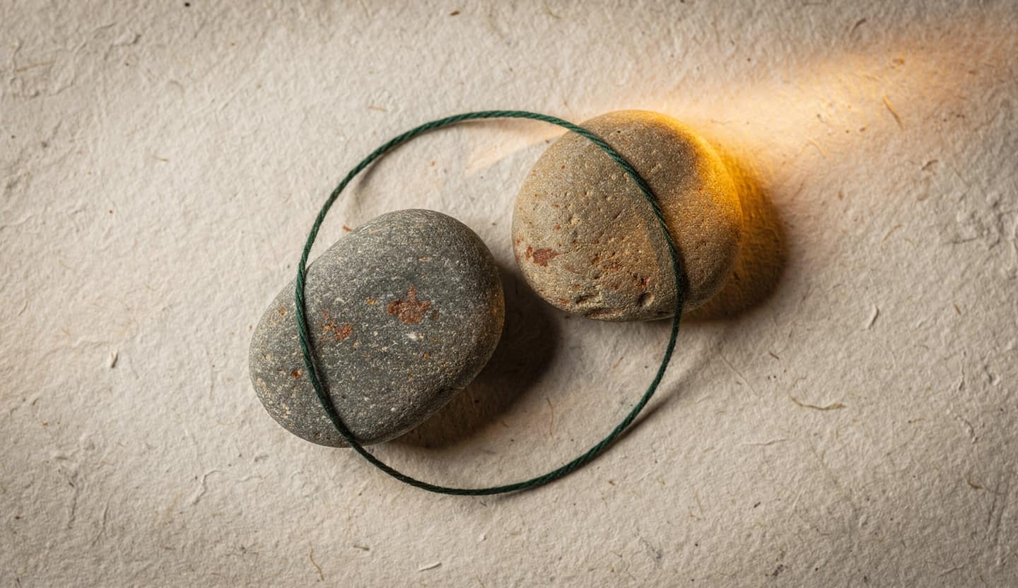 Two stones bound by a single closed loop of forest-green thread on paper — one connected loop, not a relay.
