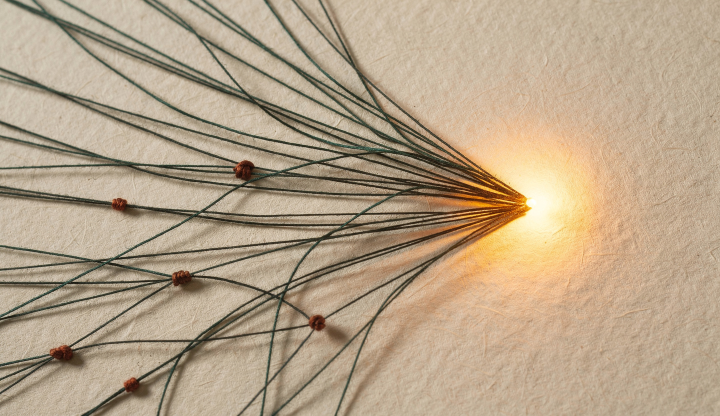Many fine forest-green threads converging toward a single warm amber-lit point on bone paper: an entire team reaching one customer.